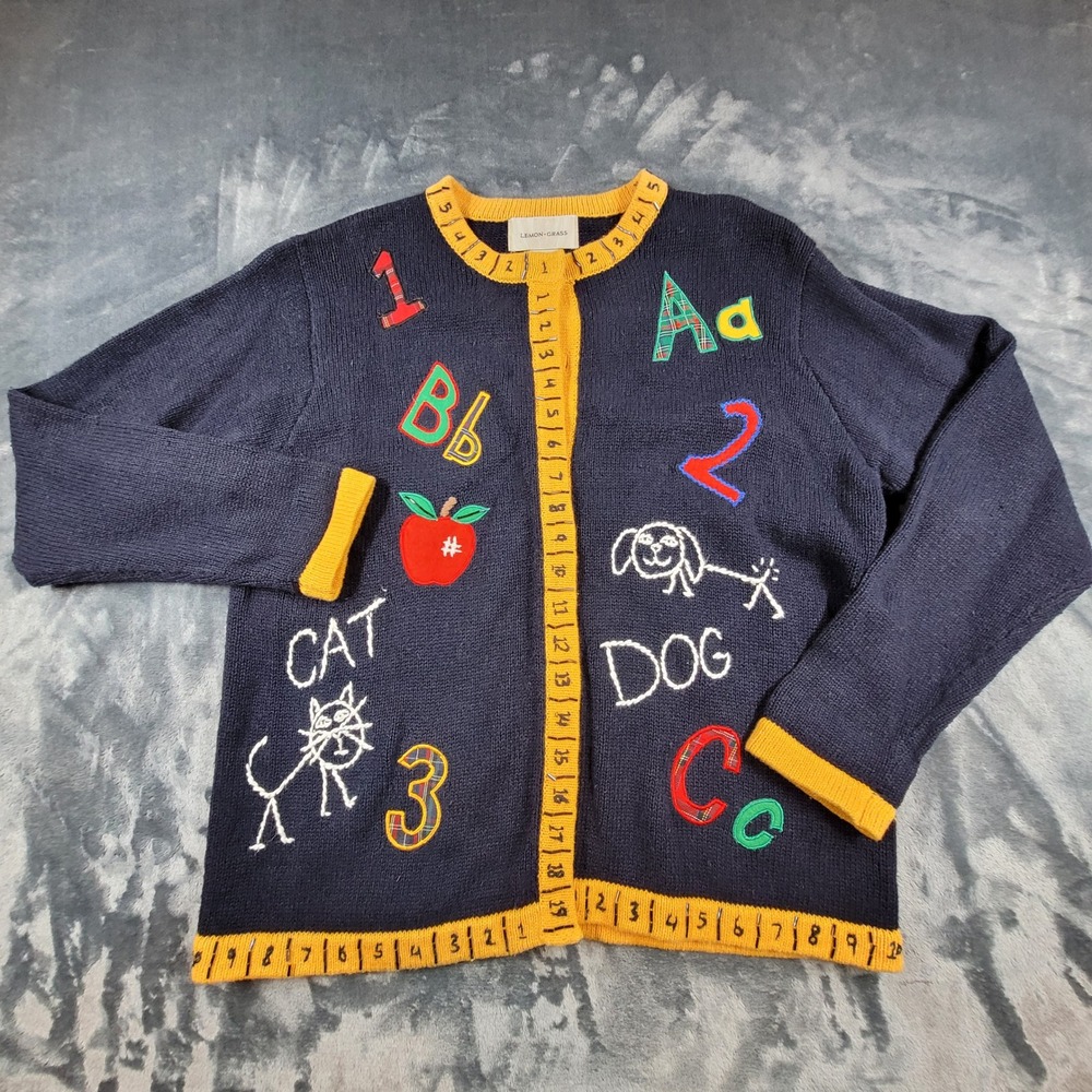 VTG Lemon Grass Teacher Cardigan Sweater Black School ABC 123 Apple  SZ PM